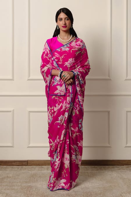 Buy_Atelier Shikaarbagh_Pink Silk Satin, Chiffon Contrast Hem Printed Saree With Unstitched Blouse Piece _Online_at_Aza_Fashions