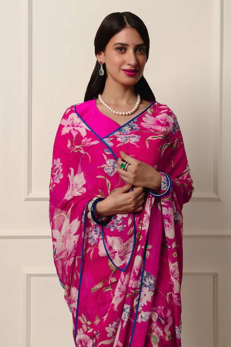 Shop_Atelier Shikaarbagh_Pink Silk Satin, Chiffon Contrast Hem Printed Saree With Unstitched Blouse Piece _Online_at_Aza_Fashions