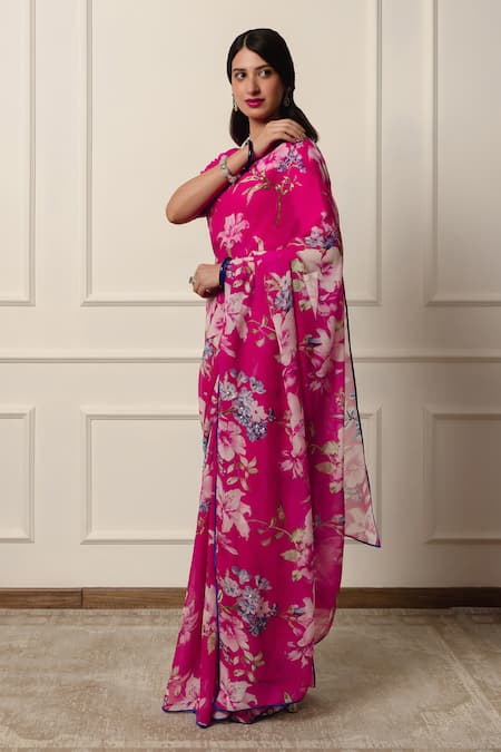 Atelier Shikaarbagh_Pink Silk Satin, Chiffon Contrast Hem Printed Saree With Unstitched Blouse Piece _at_Aza_Fashions