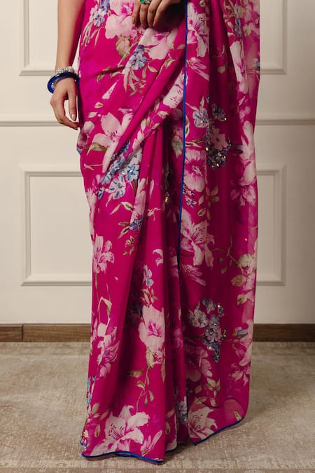 Buy_Atelier Shikaarbagh_Pink Silk Satin, Chiffon Contrast Hem Printed Saree With Unstitched Blouse Piece 