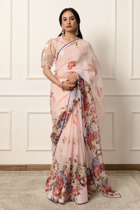 Atelier Shikaarbagh Floral Print Contrast Hem Saree With Unstitched Blouse Piece 