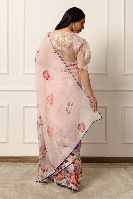 Atelier Shikaarbagh Floral Print Contrast Hem Saree With Unstitched Blouse Piece 