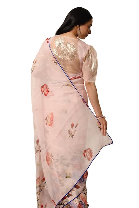 Atelier Shikaarbagh Pink Chiffon, Lurex Floral Print Contrast Hem Saree With Unstitched Blouse Piece Online at Aza Fashions Atelier Shikaarbagh_Pink Chiffon, Lurex Floral Print Contrast Hem Saree With Unstitched Blouse Piece _Online_at_Aza_Fashions