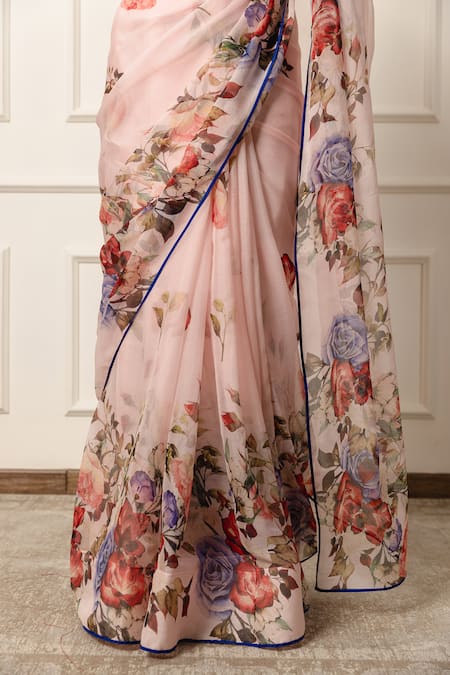 Buy Atelier Shikaarbagh Pink Chiffon, Lurex Floral Print Contrast Hem Saree With Unstitched Blouse Piece Online at Aza Fashions Buy_Atelier Shikaarbagh_Pink Chiffon, Lurex Floral Print Contrast Hem Saree With Unstitched Blouse Piece _Online_at_Aza_Fashions