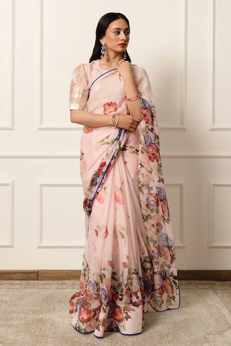 Shop Atelier Shikaarbagh Pink Chiffon, Lurex Floral Print Contrast Hem Saree With Unstitched Blouse Piece Online at Aza Fashions Shop_Atelier Shikaarbagh_Pink Chiffon, Lurex Floral Print Contrast Hem Saree With Unstitched Blouse Piece _Online_at_Aza_Fashions