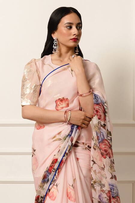 Atelier Shikaarbagh Pink Chiffon, Lurex Floral Print Contrast Hem Saree With Unstitched Blouse Piece at Aza Fashions Atelier Shikaarbagh_Pink Chiffon, Lurex Floral Print Contrast Hem Saree With Unstitched Blouse Piece _at_Aza_Fashions
