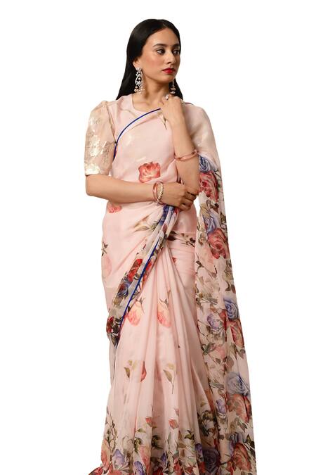 Buy Atelier Shikaarbagh Pink Chiffon, Lurex Floral Print Contrast Hem Saree With Unstitched Blouse Piece Buy_Atelier Shikaarbagh_Pink Chiffon, Lurex Floral Print Contrast Hem Saree With Unstitched Blouse Piece