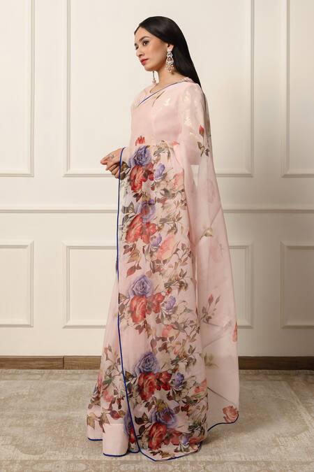 Shop Atelier Shikaarbagh Pink Chiffon, Lurex Floral Print Contrast Hem Saree With Unstitched Blouse Piece Shop_Atelier Shikaarbagh_Pink Chiffon, Lurex Floral Print Contrast Hem Saree With Unstitched Blouse Piece