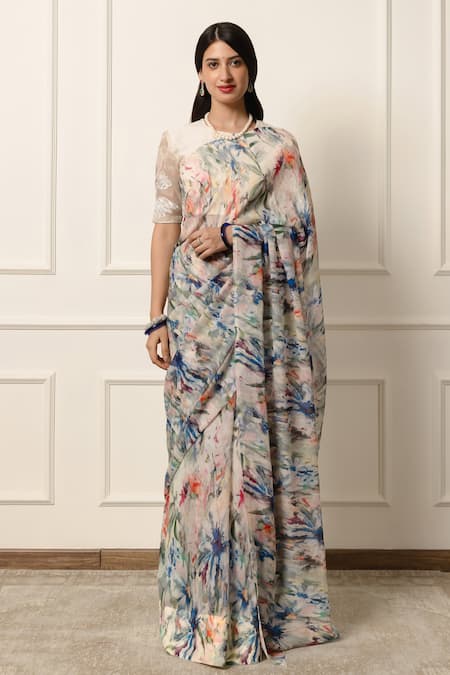 Atelier Shikaarbagh Off White Saree French Chiffon Printed Abstract Floral With Unstitched Blouse 