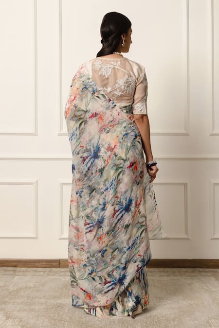 Atelier Shikaarbagh Abstract Floral Print Saree With Unstitched Blouse Print 