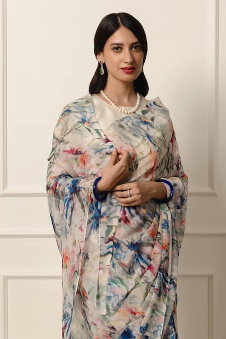 Atelier Shikaarbagh_Off White Silk Organza, Abstract Floral Saree With Unstitched Blouse _Online_at_Aza_Fashions