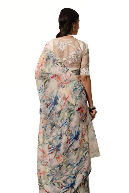 Buy_Atelier Shikaarbagh_Off White Silk Organza, Abstract Floral Saree With Unstitched Blouse _Online_at_Aza_Fashions