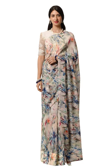 Shop_Atelier Shikaarbagh_Off White Silk Organza, Abstract Floral Saree With Unstitched Blouse _Online_at_Aza_Fashions