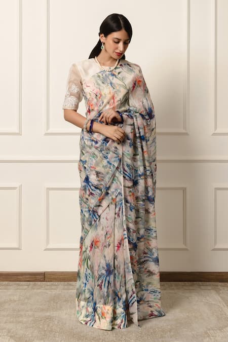 Atelier Shikaarbagh_Off White Silk Organza, Abstract Floral Saree With Unstitched Blouse _at_Aza_Fashions