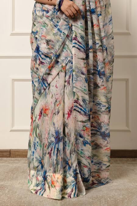Buy_Atelier Shikaarbagh_Off White Silk Organza, Abstract Floral Saree With Unstitched Blouse 