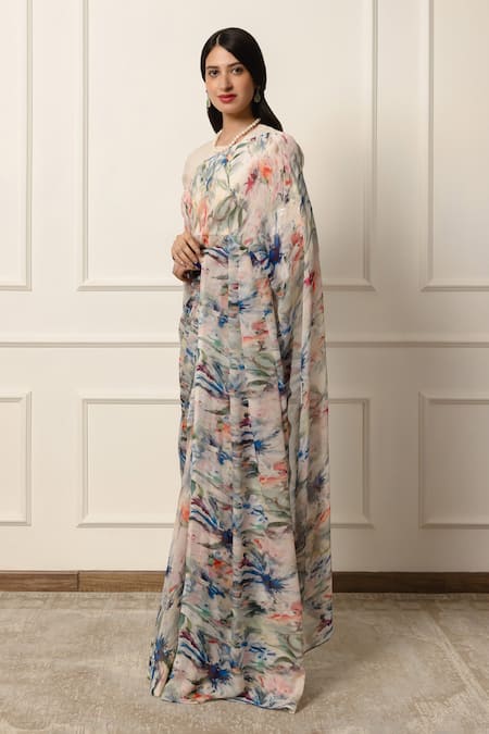 Shop_Atelier Shikaarbagh_Off White Silk Organza, Abstract Floral Saree With Unstitched Blouse 