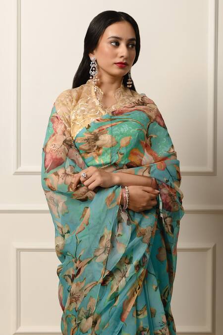 Atelier Shikaarbagh_Blue Chiffon Flora Print Saree With Unstitched Blouse Piece _Online_at_Aza_Fashions
