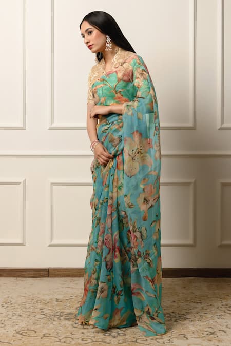 Buy_Atelier Shikaarbagh_Blue Chiffon Flora Print Saree With Unstitched Blouse Piece _Online_at_Aza_Fashions