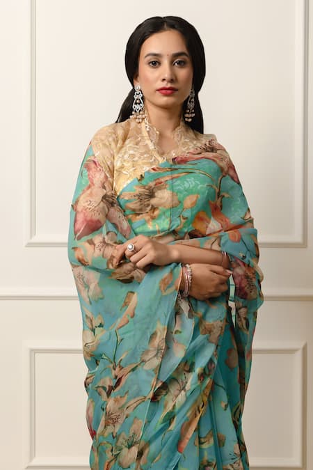 Shop_Atelier Shikaarbagh_Blue Chiffon Flora Print Saree With Unstitched Blouse Piece _Online_at_Aza_Fashions