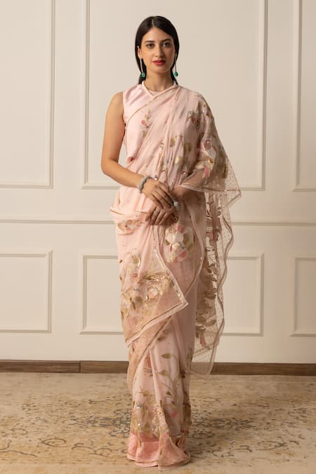 Atelier Shikaarbagh Pink Saree Silk Chiffon Embroidered Sequin With Unstitched Blouse Piece 