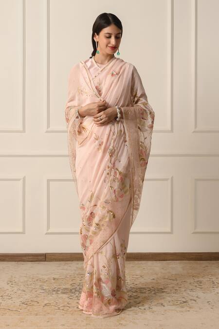 Atelier Shikaarbagh_Pink Satin, Sequins, Embroidered Saree With Unstitched Blouse Piece _Online_at_Aza_Fashions