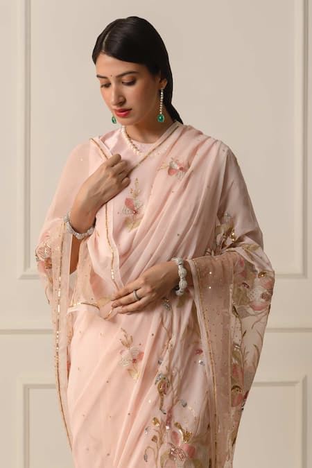 Buy_Atelier Shikaarbagh_Pink Satin, Sequins, Embroidered Saree With Unstitched Blouse Piece _Online_at_Aza_Fashions