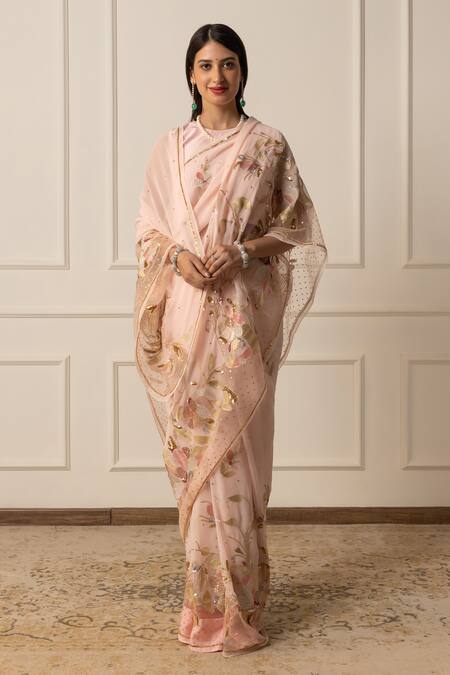 Atelier Shikaarbagh_Pink Satin, Sequins, Embroidered Saree With Unstitched Blouse Piece _at_Aza_Fashions