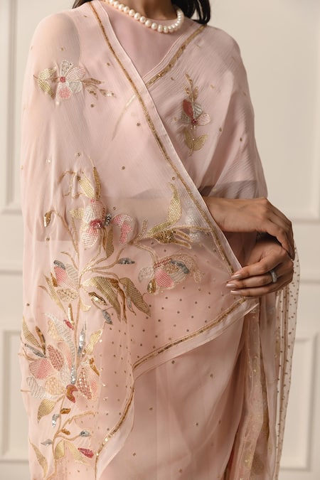 Buy_Atelier Shikaarbagh_Pink Satin, Sequins, Embroidered Saree With Unstitched Blouse Piece 