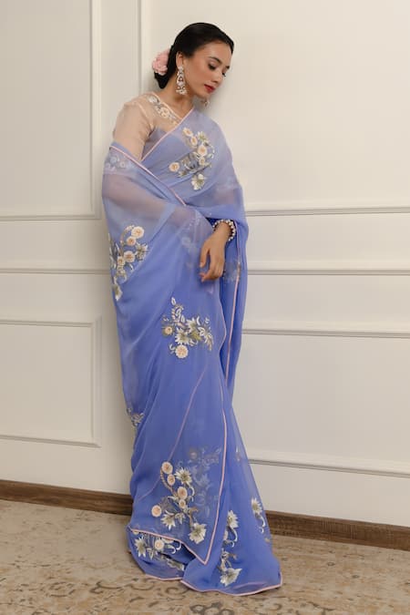Atelier Shikaarbagh_Blue , Chiffon, Embroidered Ombre Saree With Unstitched Blouse Piece _Online_at_Aza_Fashions