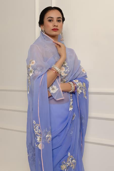 Buy_Atelier Shikaarbagh_Blue , Chiffon, Embroidered Ombre Saree With Unstitched Blouse Piece _Online_at_Aza_Fashions