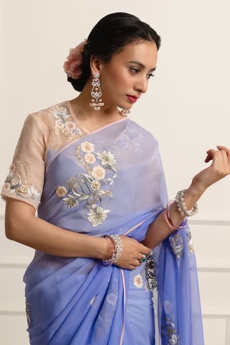 Shop_Atelier Shikaarbagh_Blue , Chiffon, Embroidered Ombre Saree With Unstitched Blouse Piece _Online_at_Aza_Fashions