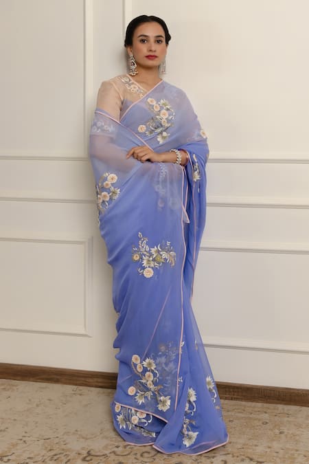 Atelier Shikaarbagh_Blue , Chiffon, Embroidered Ombre Saree With Unstitched Blouse Piece _at_Aza_Fashions