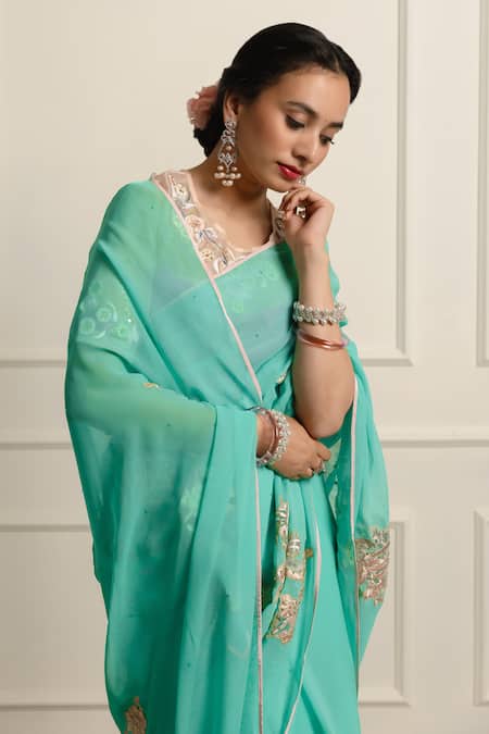 Atelier Shikaarbagh_Blue Organza, Smocking, Embroidered Saree With Unstitched Blouse Piece _Online_at_Aza_Fashions