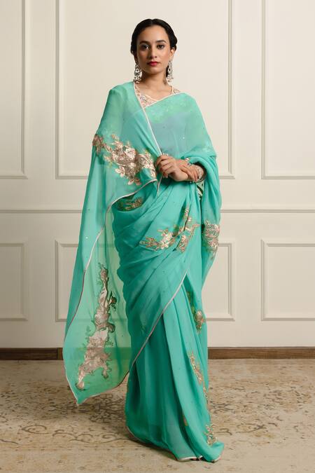 Buy_Atelier Shikaarbagh_Blue Organza, Smocking, Embroidered Saree With Unstitched Blouse Piece _Online_at_Aza_Fashions