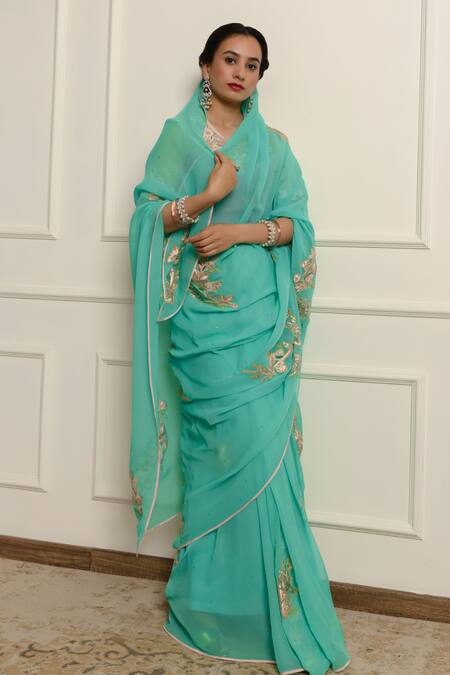 Shop_Atelier Shikaarbagh_Blue Organza, Smocking, Embroidered Saree With Unstitched Blouse Piece _Online_at_Aza_Fashions