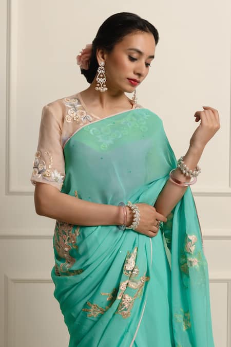 Atelier Shikaarbagh_Blue Organza, Smocking, Embroidered Saree With Unstitched Blouse Piece _at_Aza_Fashions