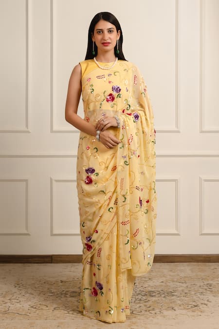 Atelier Shikaarbagh Yellow Saree Silk Georgette Embroidered Shell With Unstitched Blouse Piece 