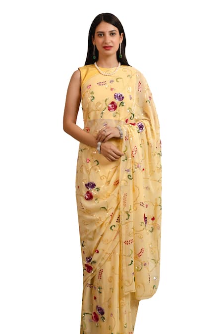 Atelier Shikaarbagh_Yellow , Georgette, Shell Sequin Saree With Unstitched Blouse Piece _Online_at_Aza_Fashions