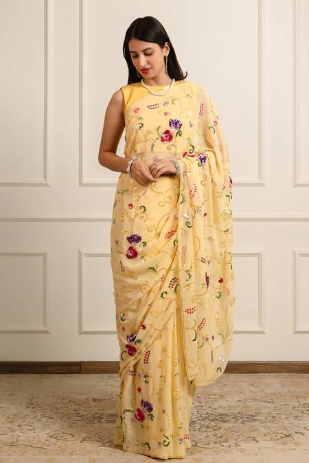 Buy_Atelier Shikaarbagh_Yellow , Georgette, Shell Sequin Saree With Unstitched Blouse Piece _Online_at_Aza_Fashions