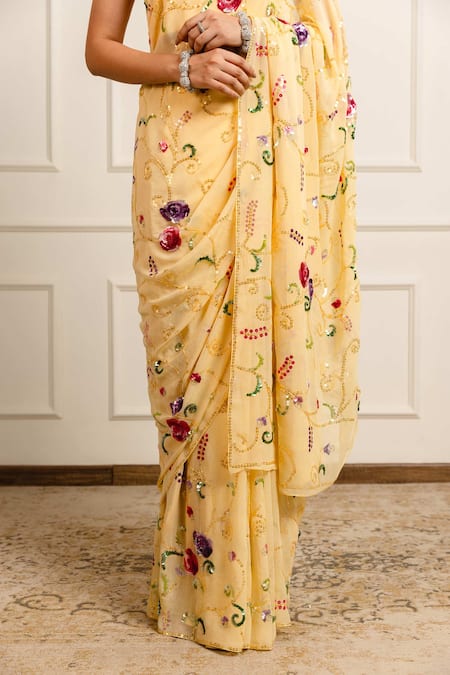 Shop_Atelier Shikaarbagh_Yellow , Georgette, Shell Sequin Saree With Unstitched Blouse Piece _Online_at_Aza_Fashions