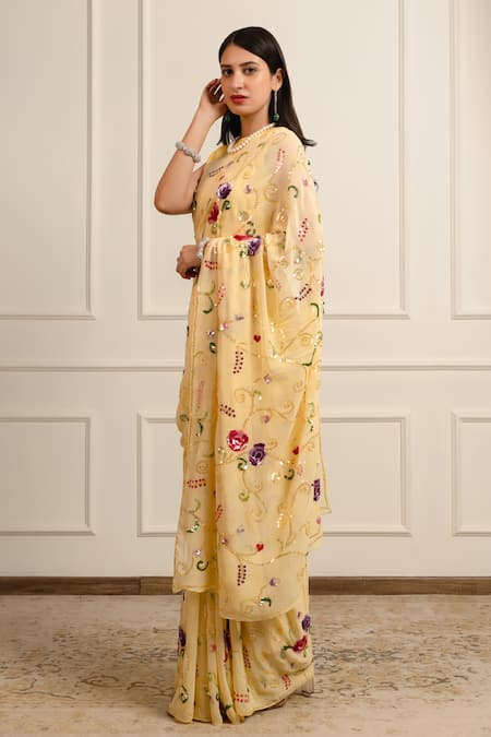 Atelier Shikaarbagh_Yellow , Georgette, Shell Sequin Saree With Unstitched Blouse Piece _at_Aza_Fashions