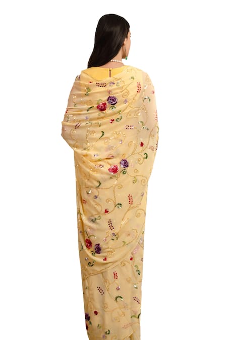Shop_Atelier Shikaarbagh_Yellow , Georgette, Shell Sequin Saree With Unstitched Blouse Piece 