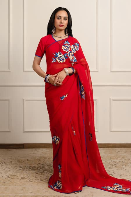 Atelier Shikaarbagh Red Saree Silk Chiffon Embroidered Flower Floss With Unstitched Blouse Piece 