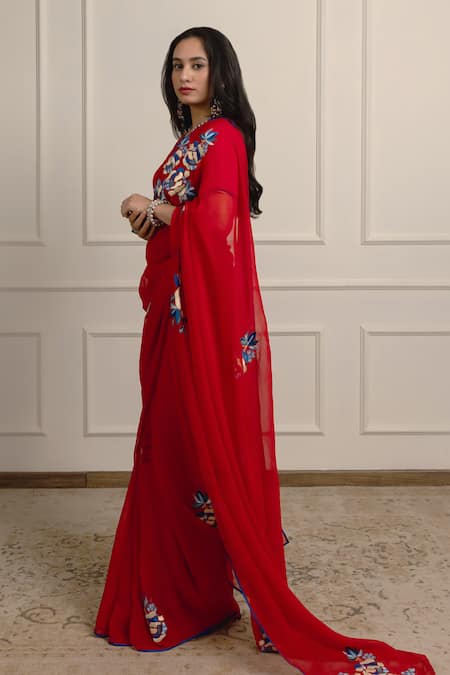 Buy_Atelier Shikaarbagh_Red Silk, Chiffon, Crepe Embroidery Floss Saree With Unstitched Blouse Piece _Online_at_Aza_Fashions