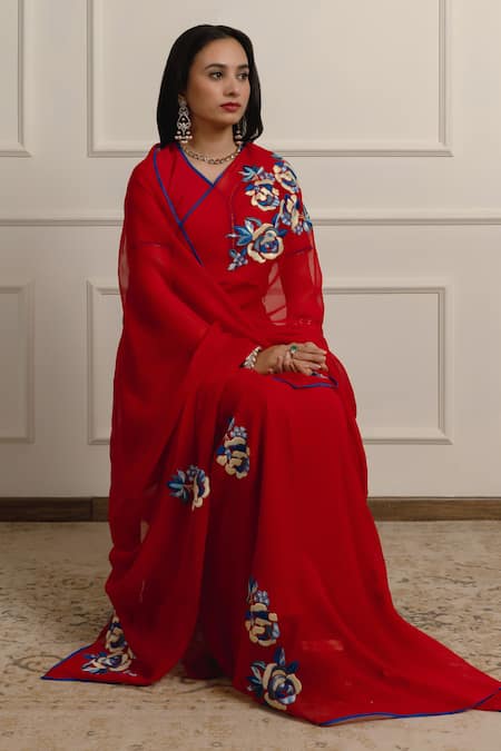 Shop_Atelier Shikaarbagh_Red Silk, Chiffon, Crepe Embroidery Floss Saree With Unstitched Blouse Piece _Online_at_Aza_Fashions