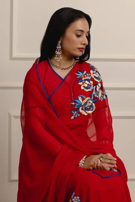 Atelier Shikaarbagh_Red Silk, Chiffon, Crepe Embroidery Floss Saree With Unstitched Blouse Piece _at_Aza_Fashions