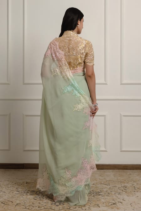 Atelier Shikaarbagh Chantilly Lace Hem Saree With Unstitched Blouse Piece 