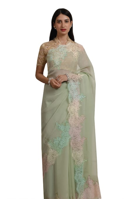 Atelier Shikaarbagh Green Silk, Chiffon Lace Chantilly Hem Saree With Unstitched Blouse Piece Online at Aza Fashions Atelier Shikaarbagh_Green Silk, Chiffon Lace Chantilly Hem Saree With Unstitched Blouse Piece _Online_at_Aza_Fashions