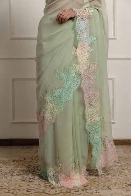 Buy Atelier Shikaarbagh Green Silk, Chiffon Lace Chantilly Hem Saree With Unstitched Blouse Piece Online at Aza Fashions Buy_Atelier Shikaarbagh_Green Silk, Chiffon Lace Chantilly Hem Saree With Unstitched Blouse Piece _Online_at_Aza_Fashions