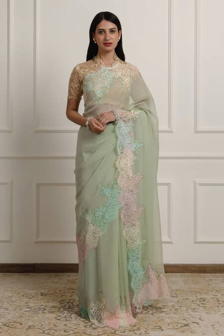 Buy Atelier Shikaarbagh Green Silk, Chiffon Lace Chantilly Hem Saree With Unstitched Blouse Piece Buy_Atelier Shikaarbagh_Green Silk, Chiffon Lace Chantilly Hem Saree With Unstitched Blouse Piece